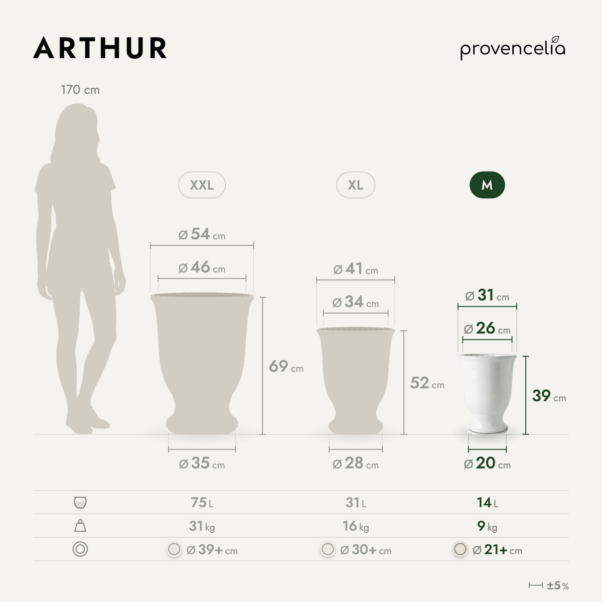 ARTHUR planter with stand 32x39 cm white glazed ceramic, model M dimension diagram