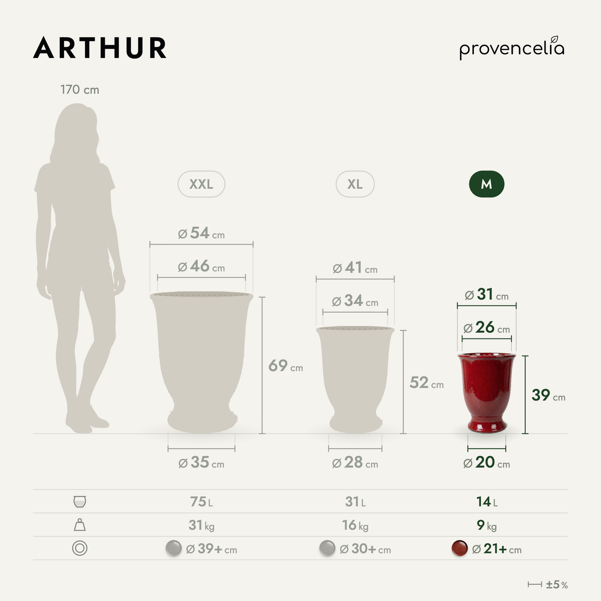 ARTHUR planter with base 32x39 cm Tropical Red glazed ceramic, diagram of the M model dimensions