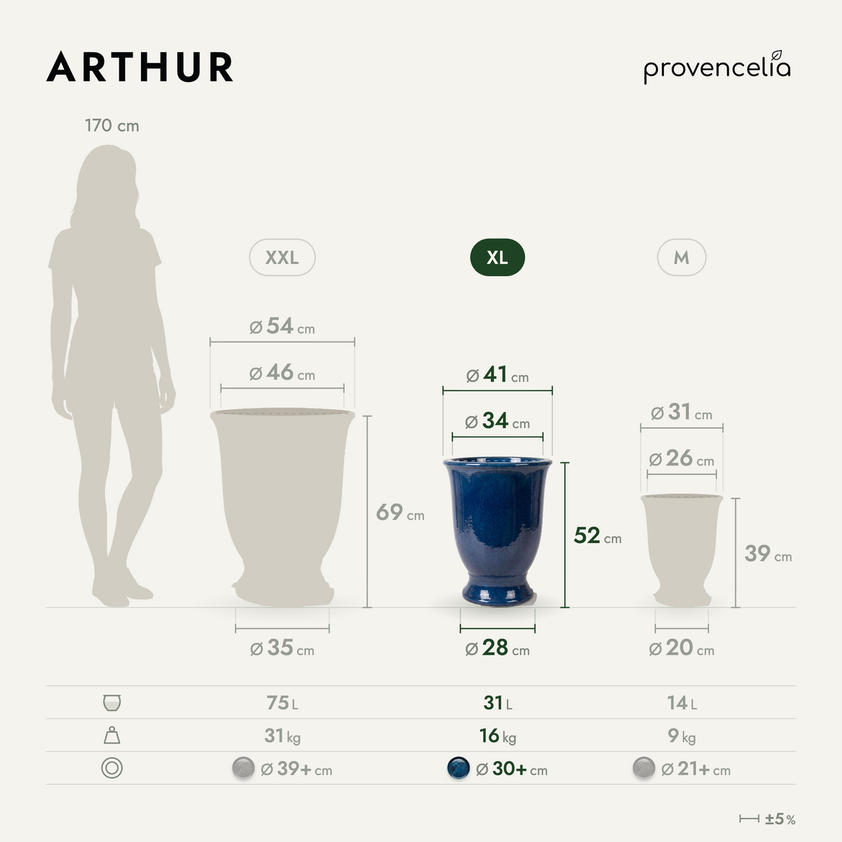 Pot ARTHUR avec pied 42x52 cm bleu azur en terre cuite émaillée, vue de face avec dimensions
