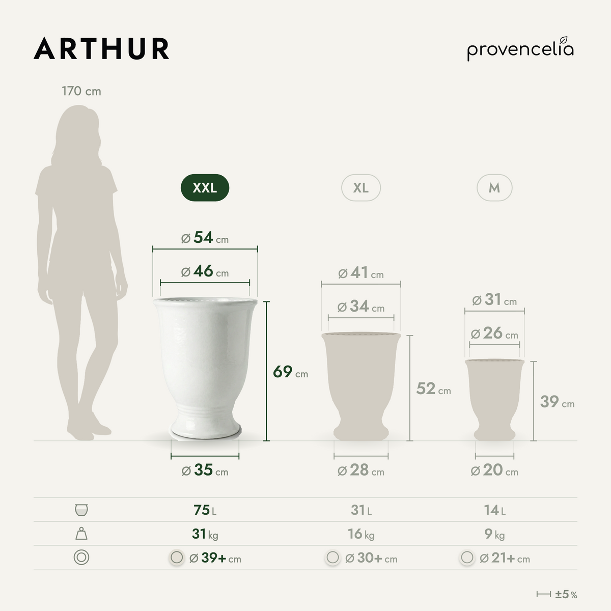 Pot ARTHUR avec pied 55x69 cm blanc en terre cuite émaillée, schéma des dimensions et tailles