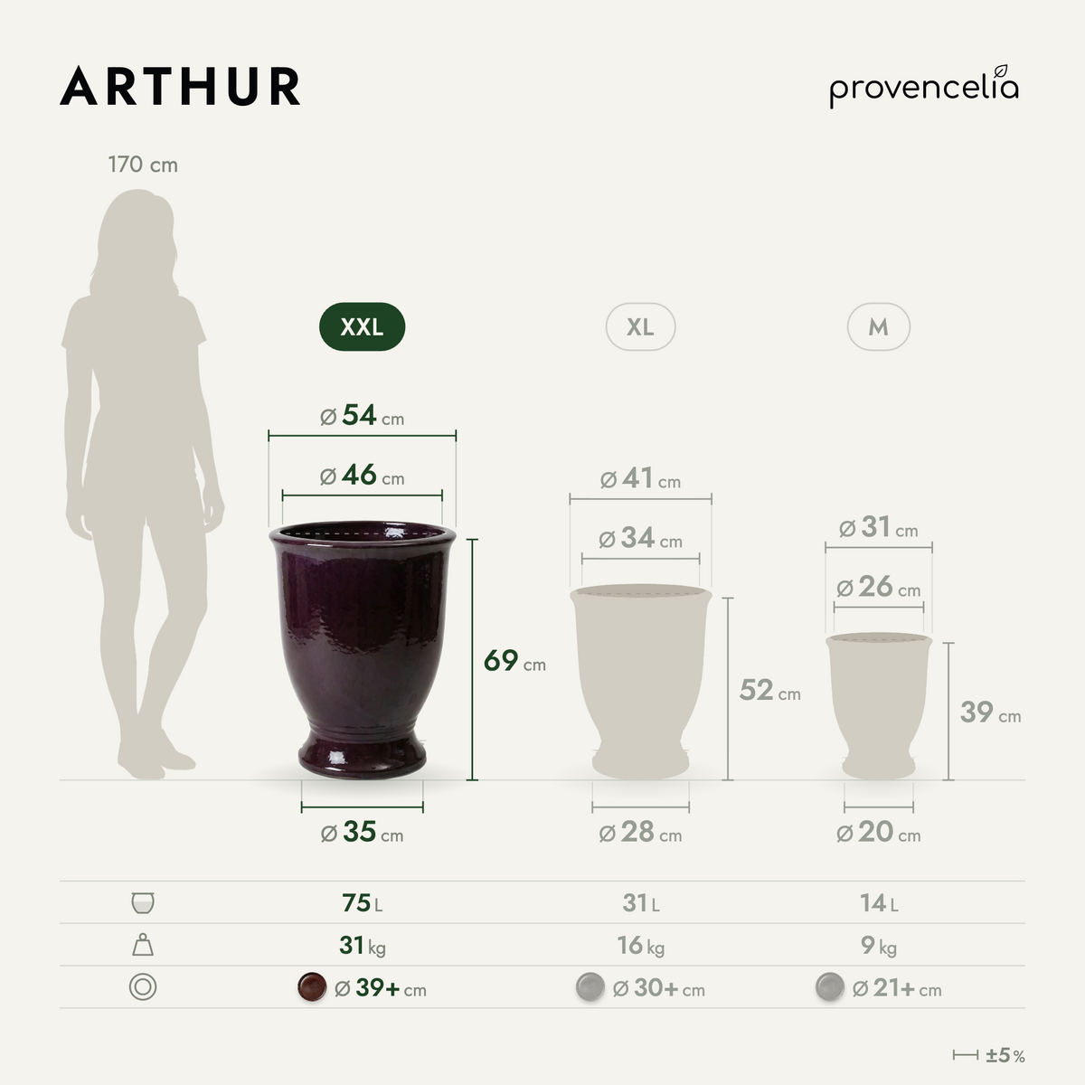 Pot ARTHUR avec pied 55x69 cm violet clair en terre cuite émaillée, vue de face avec dimensions