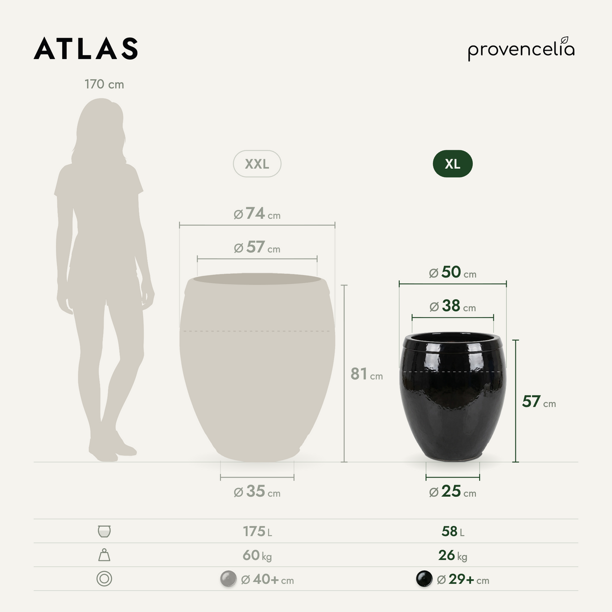 Pot ATLAS décoratif 52x58 cm noir en terre cuite émaillée, schéma des dimensions du pot