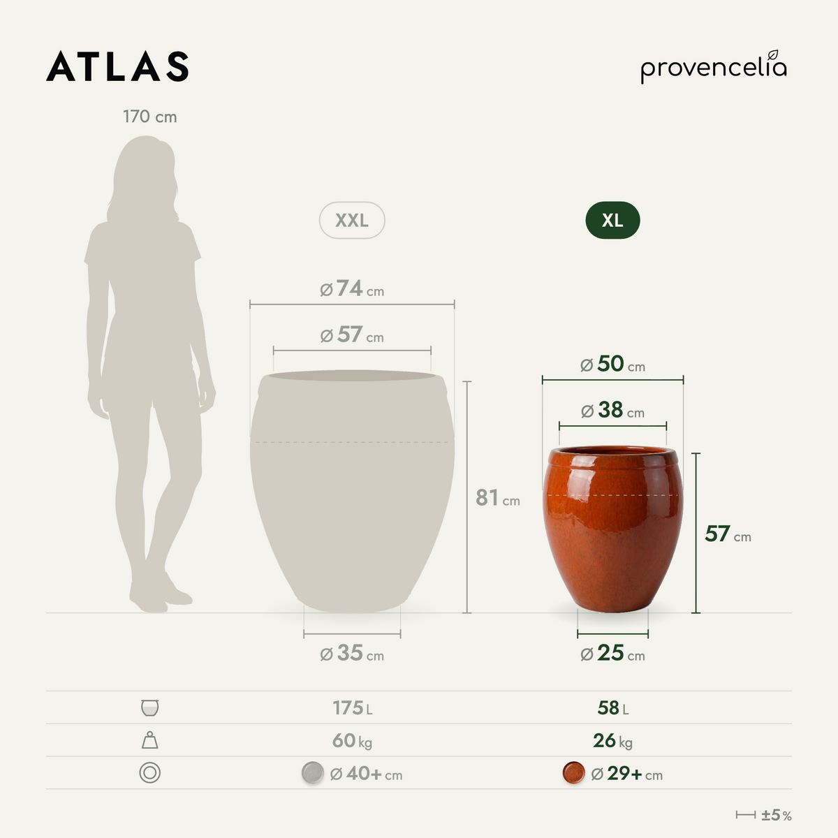 Pot ATLAS décoratif 52x58 cm orange tropical en terre cuite émaillée, vue comparative des dimensions