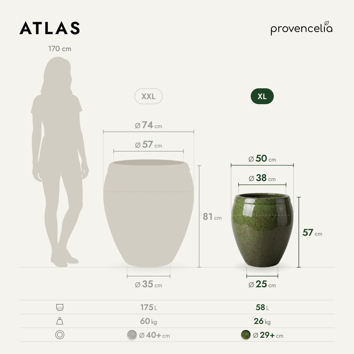 Pot ATLAS décoratif 52x58 cm vert tropical en terre cuite émaillée, vue de face avec dimensions