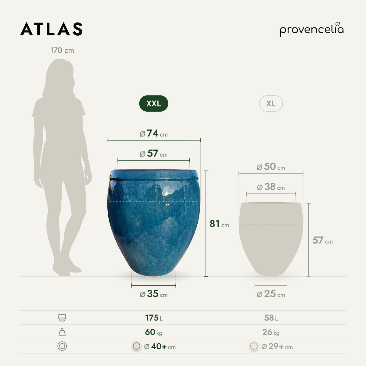 Pot ATLAS décoratif 75x78 cm bleu caraïbes en terre cuite émaillée, vue de face avec dimensions