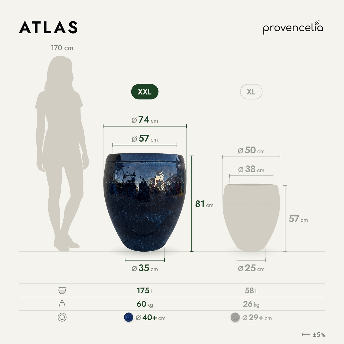 Pot ATLAS décoratif 75x78 cm bleu nuit en terre cuite émaillée, vue de face avec dimensions
