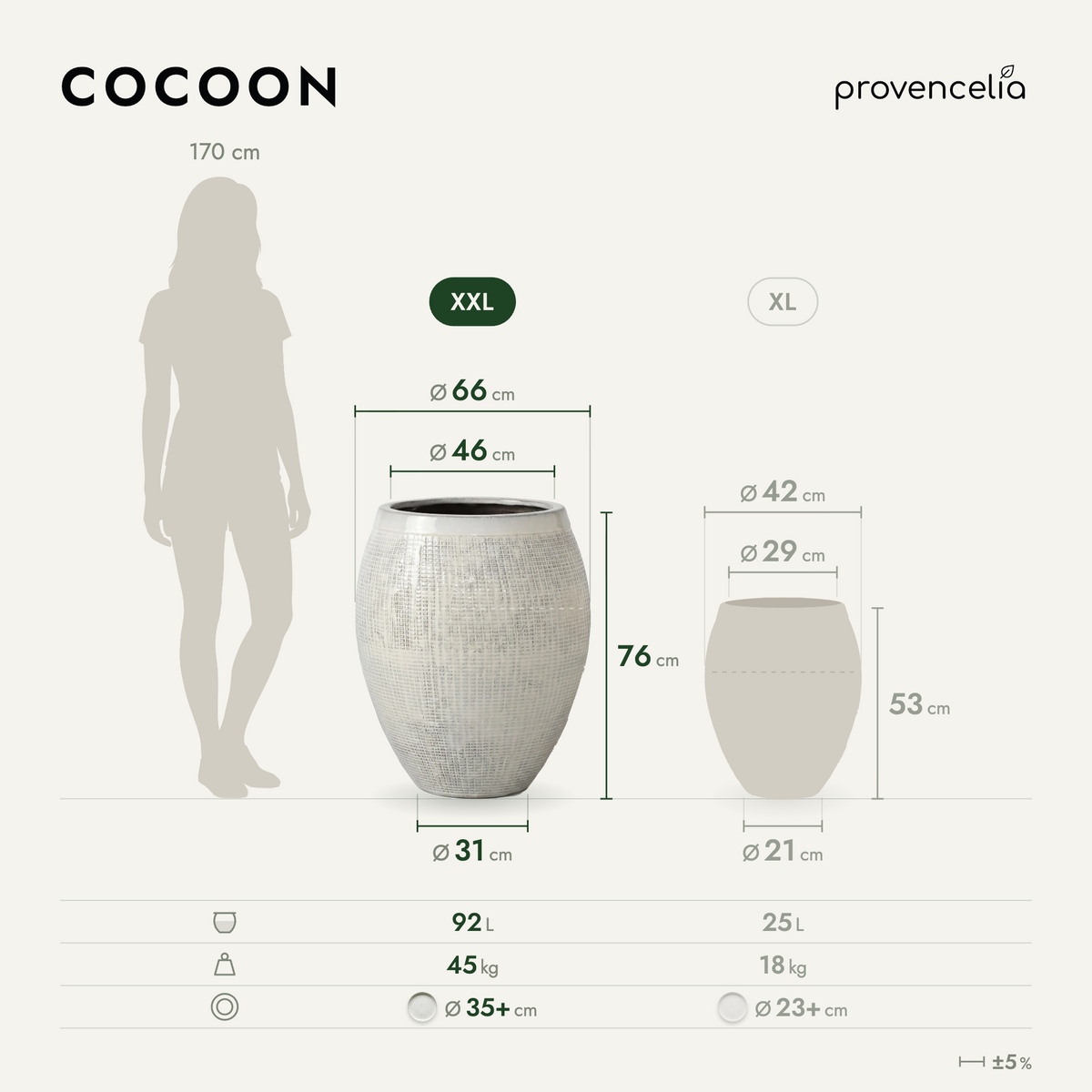 Vaso COCOON 66x76 cm Crema in ceramica smaltata, vista con schema delle dimensioni