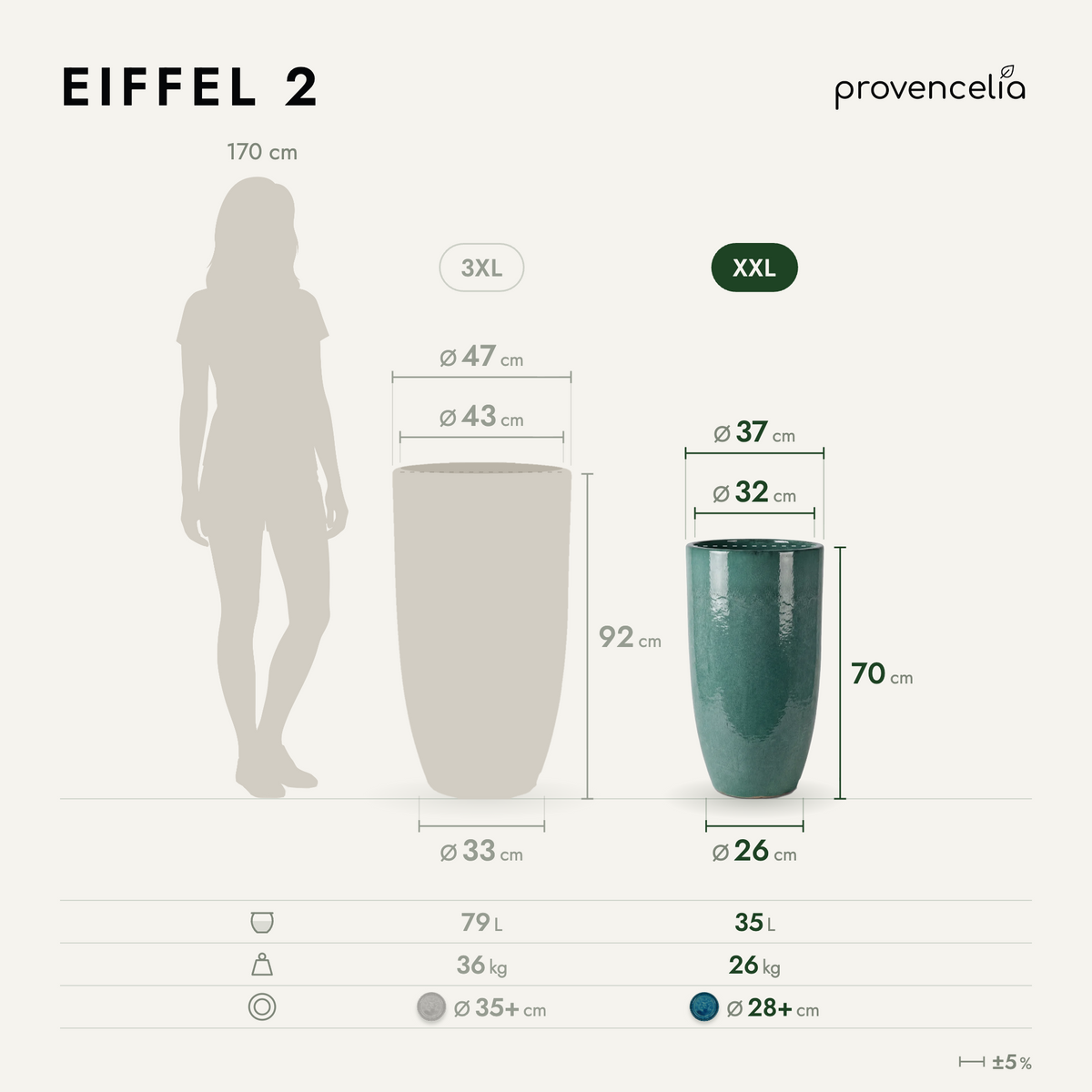 Planter EIFFEL 37 × 70 cm Jade mist glazed ceramic, dimensions diagram