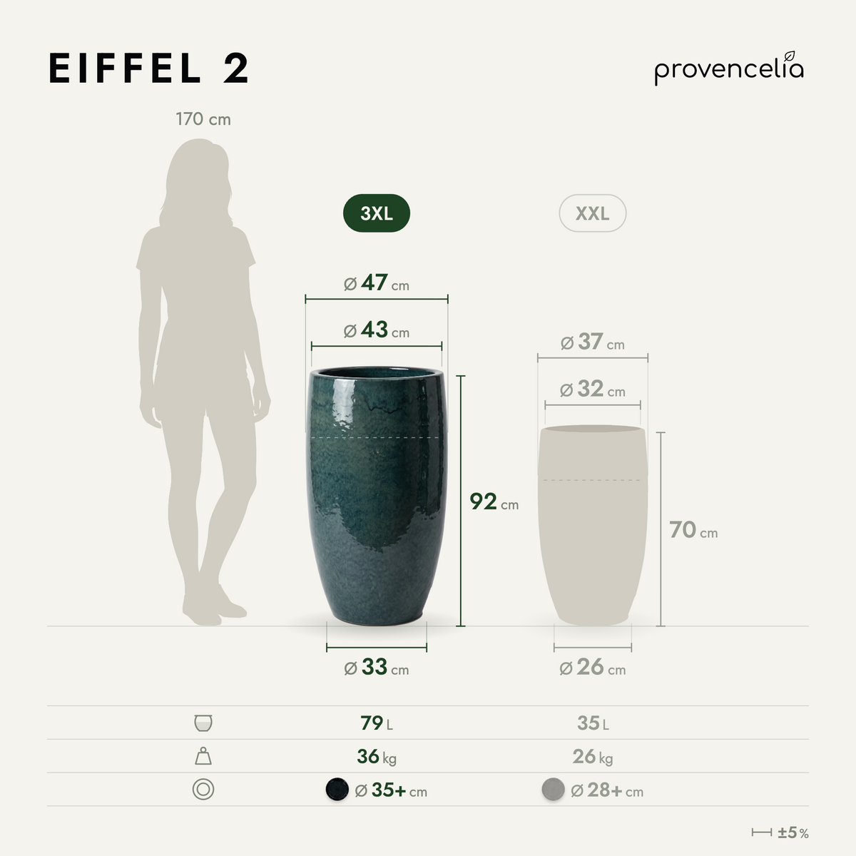 Planter EIFFEL 47 × 92 cm Sapphire glazed ceramic, dimensions diagram with silhouette