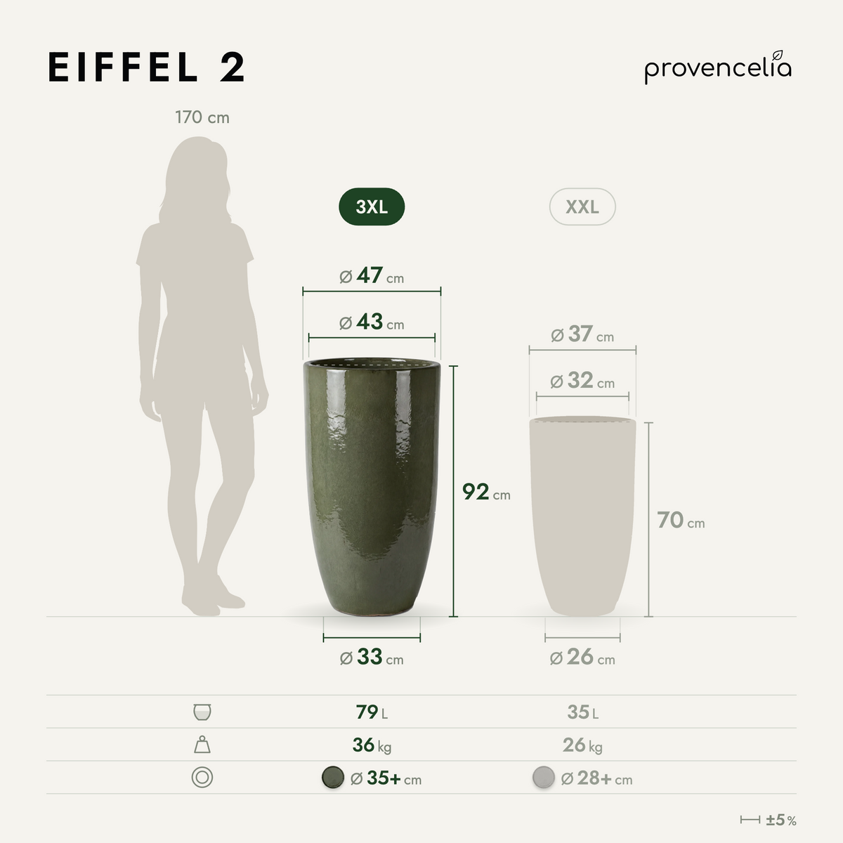 Vaso EIFFEL 47x92 cm Verde crema in ceramica smaltata, vista frontale con dimensioni