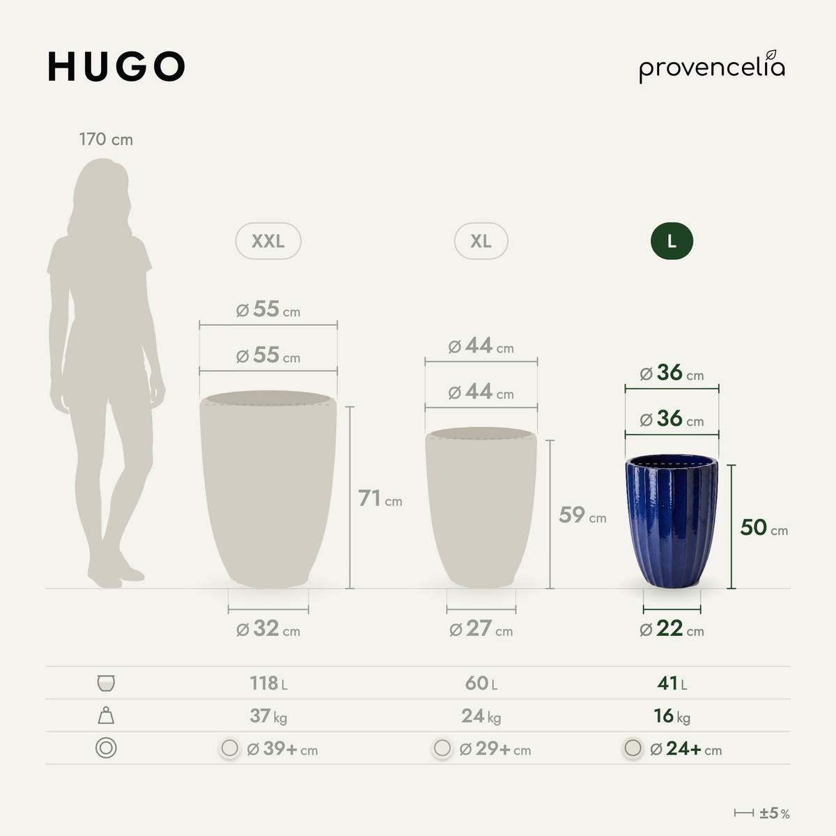 Vaso HUGO decorativo 36x50 cm Blu cobalto in ceramica smaltata, vista comparativa delle dimensioni