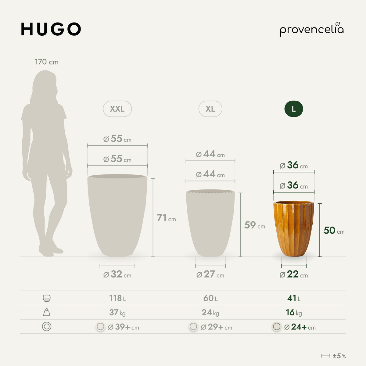 Vaso HUGO decorativo 36x50 cm Miele in ceramica smaltata, confronto delle dimensioni con misure