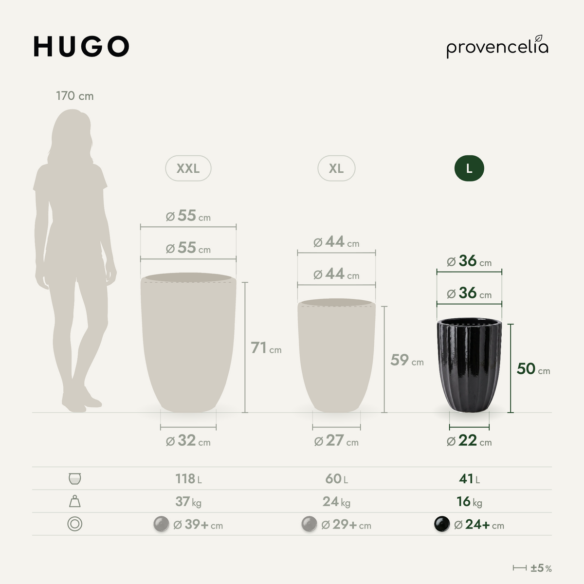 Vaso HUGO decorativo 36x50 cm Nero in ceramica smaltata, schema comparativo delle tre dimensioni