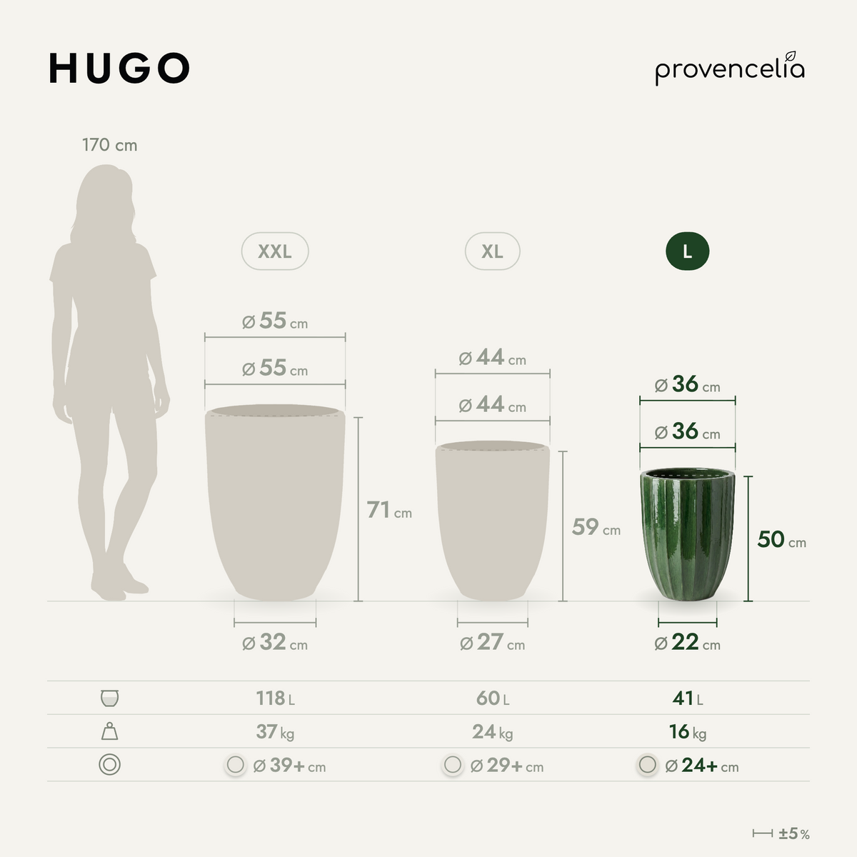 Vaso HUGO decorativo 36x50 cm Verde giungla in ceramica smaltata, vista comparativa delle dimensioni