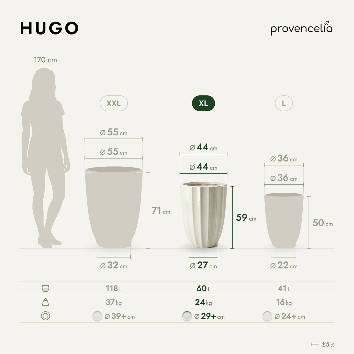 Vaso HUGO decorativo 44x59 cm Crema in ceramica smaltata, schema delle tre dimensioni disponibili