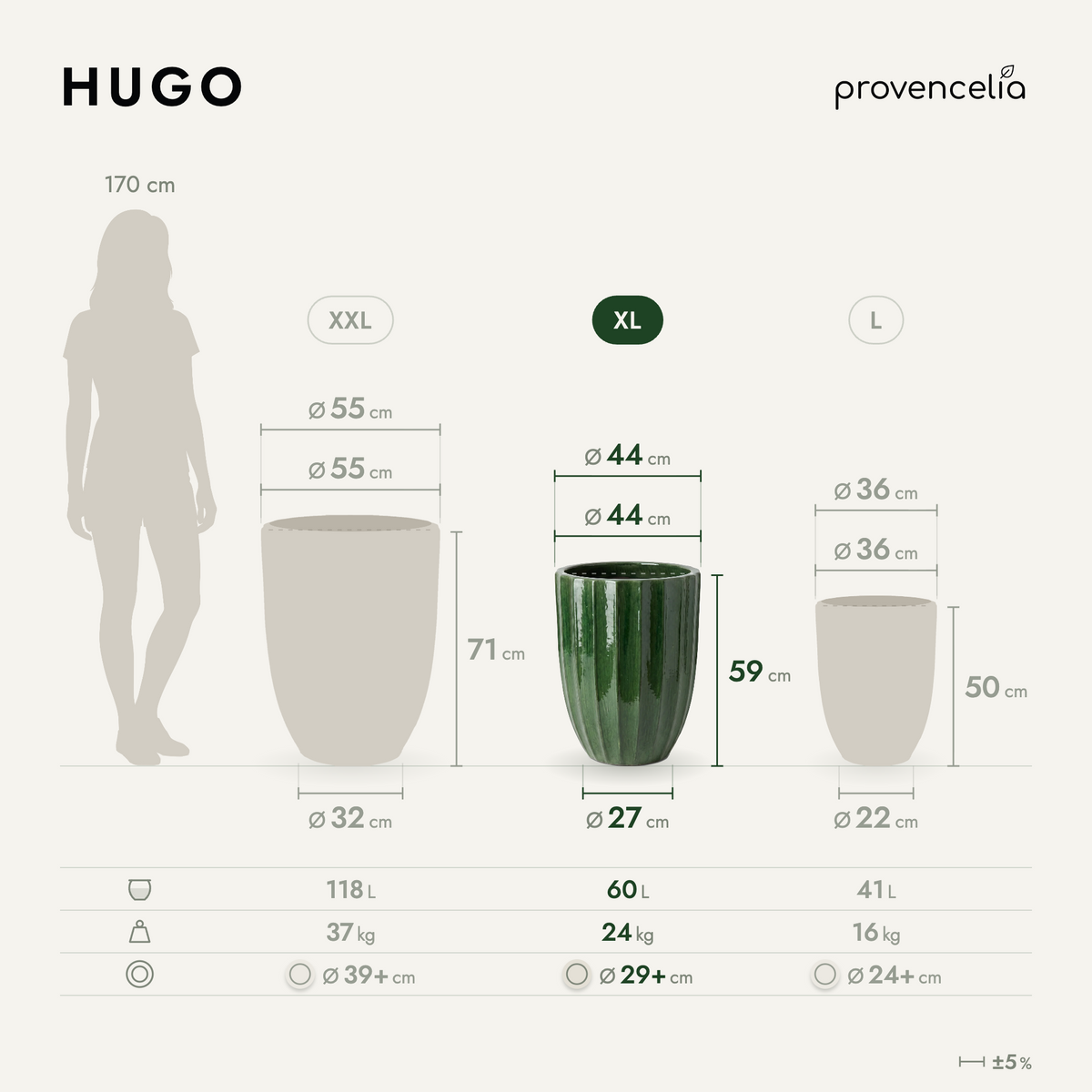Vaso HUGO decorativo 44x59 cm Verde giungla in ceramica smaltata, vista frontale con dimensioni