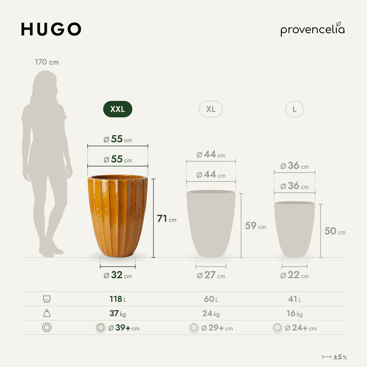 Vaso HUGO decorativo 55x71 cm miele in ceramica smaltata, vista comparativa delle tre dimensioni