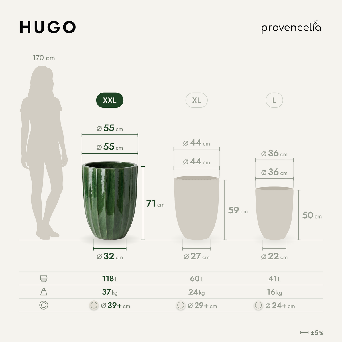 Vaso HUGO decorativo 55x71 cm Verde giungla in ceramica smaltata, con confronto delle tre dimensioni