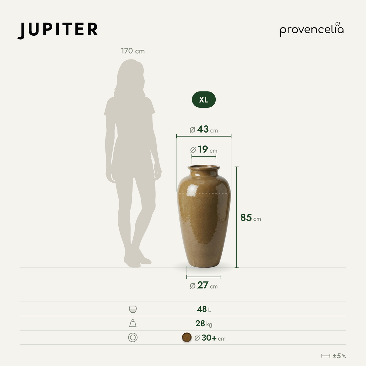 Pot JUPITER en forme d’amphore 40x83 cm miel ambré en terre cuite émaillée, vue de face avec dimensions