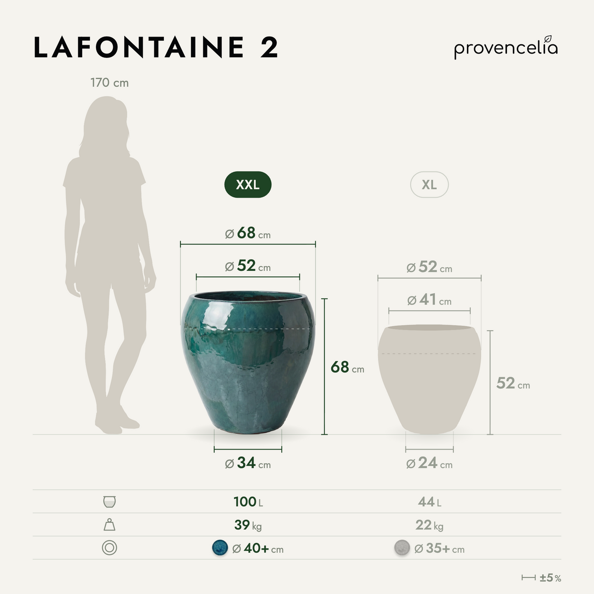 Amphora-shaped LAFONTAINE2 planter 67x68 cm Jade mist in glazed ceramic, front view with dimensions