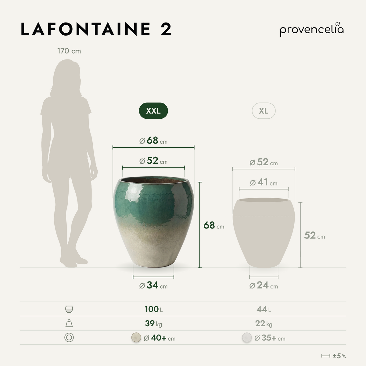 Amphora-shaped planter LAFONTAINE2 67 × 68 cm Summer mist in glazed ceramic, front view with dimensions