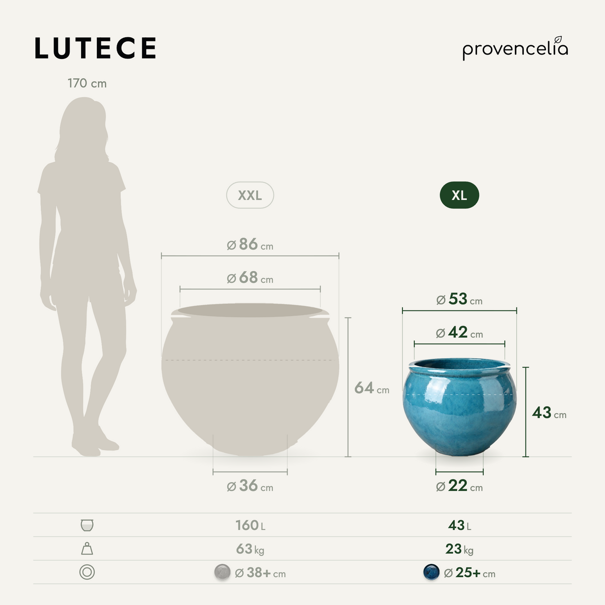 Pot LUTECE rond 53x43 cm bleu caraïbes en terre cuite émaillée, schéma des dimensions du modèle XL
