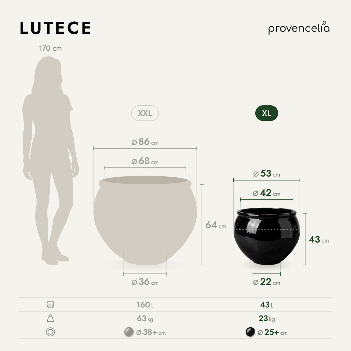 Ronde plantenbak LUTECE 53 × 43 cm Zwart van geglazuurd keramiek, maatschema van de XL-plantenbak