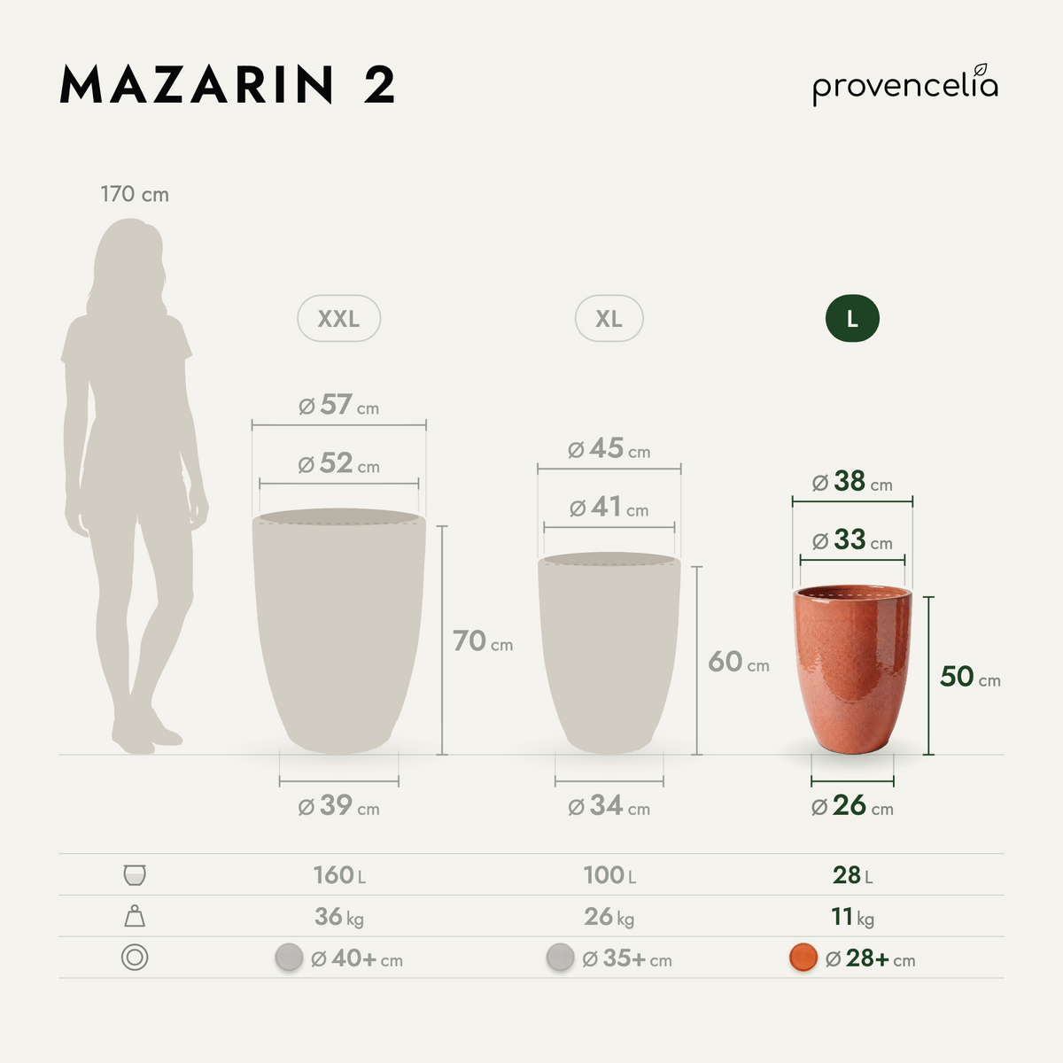 Pot MAZARIN2 37x49 cm aurore en terre cuite émaillée, vue comparative des dimensions