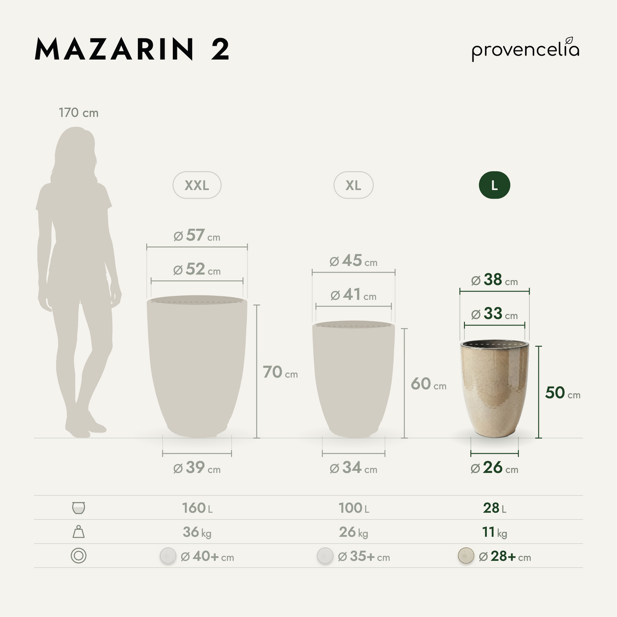 Crèmekleurige Mazarin2-plantenbak van geglazuurd keramiek, schema van de drie formaten