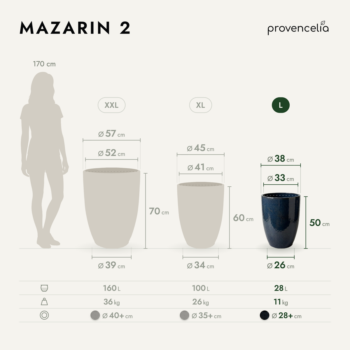 Macetero Mazarin2 zafiro de cerámica esmaltada, esquema de los tamaños disponibles