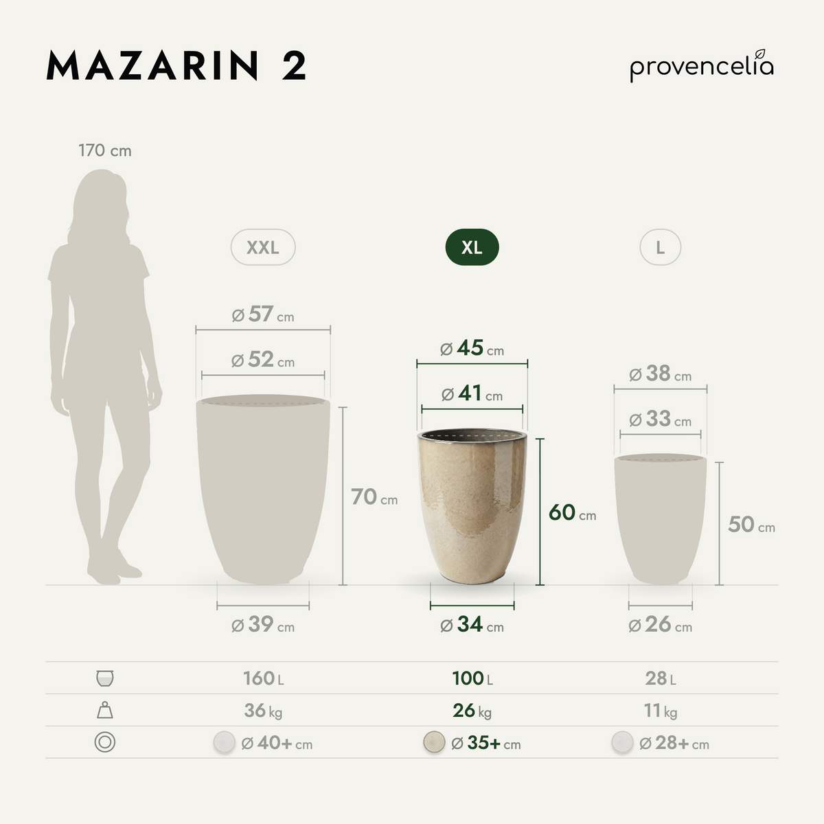 Pot MAZARIN2 45x60 cm crème en terre cuite émaillée, schéma des dimensions et tailles