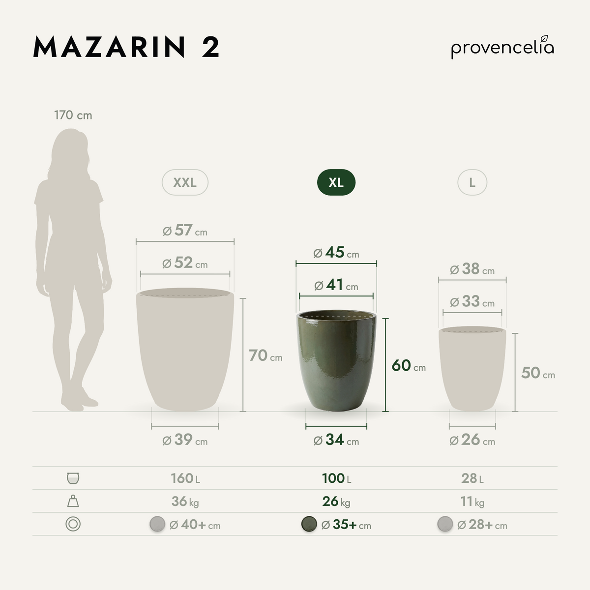 Pot MAZARIN2 45x60 cm vert crème en terre cuite émaillée, schéma des dimensions