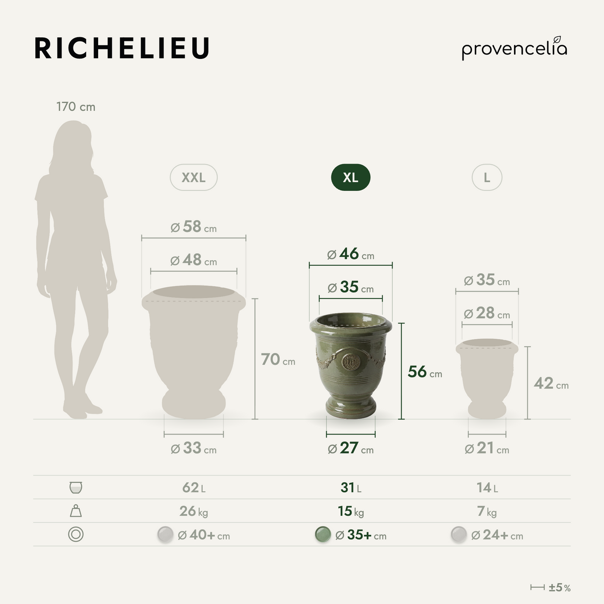 Vaso RICHELIEU con piede 46x56 cm Perla di giada in ceramica smaltata, vista frontale