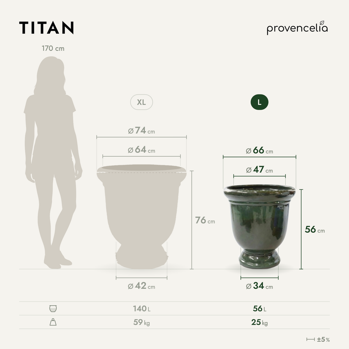 Pot TITAN 53x55 cm vert tropical en terre cuite émaillée, schéma des dimensions taille L