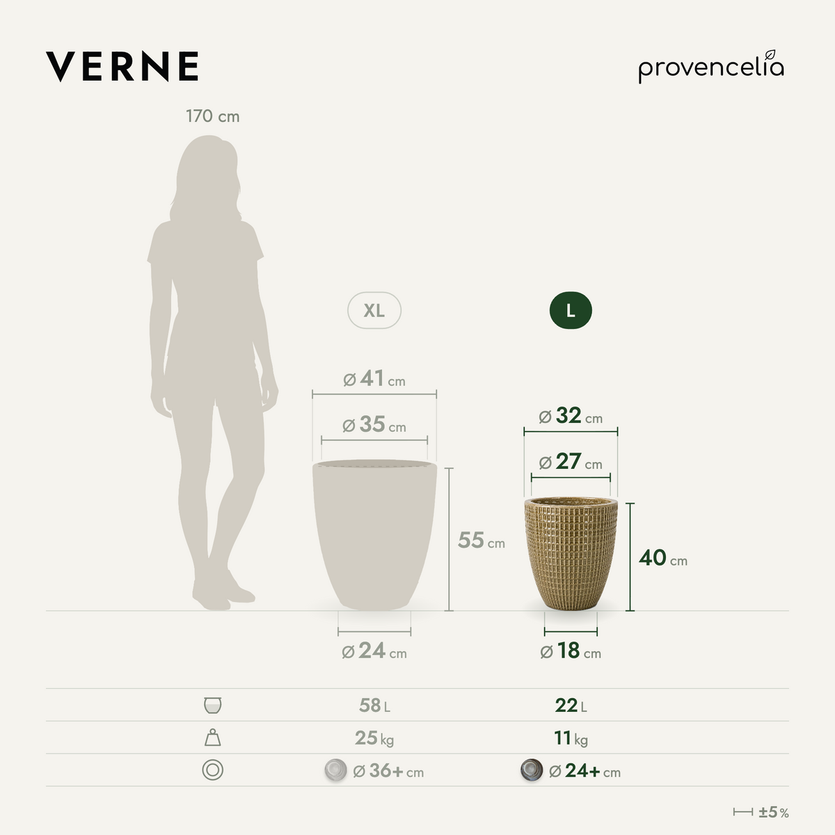 Decorative VERNE planter 32 × 40 cm Sandblasted bronze in glazed ceramic, size comparison with silhouette