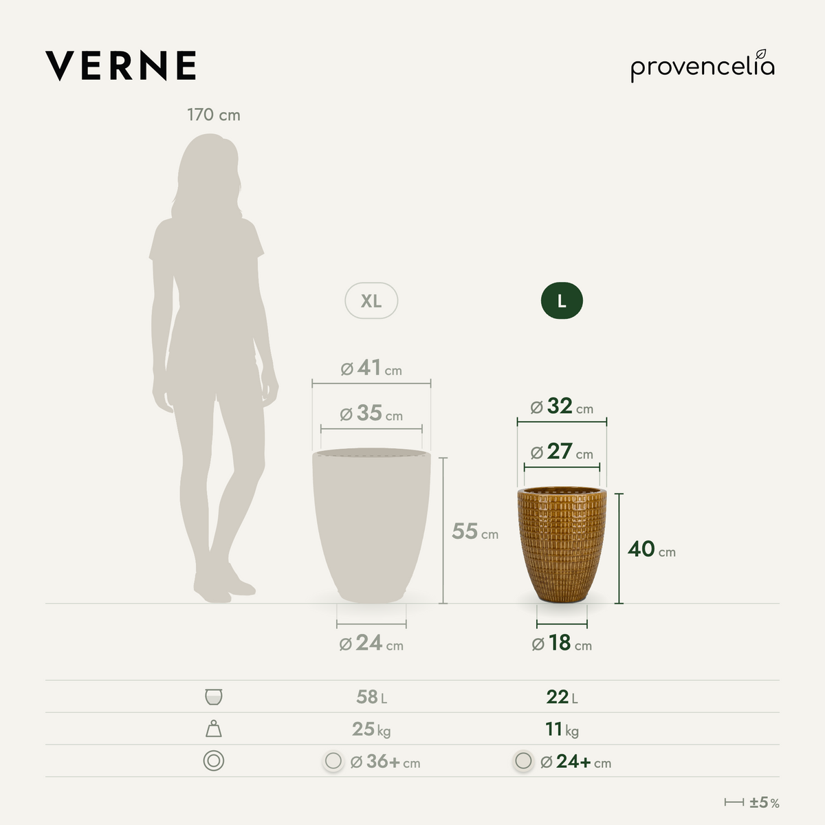Decorative VERNE planter 32 × 40 cm Honey in glazed ceramic, comparative view with dimensions