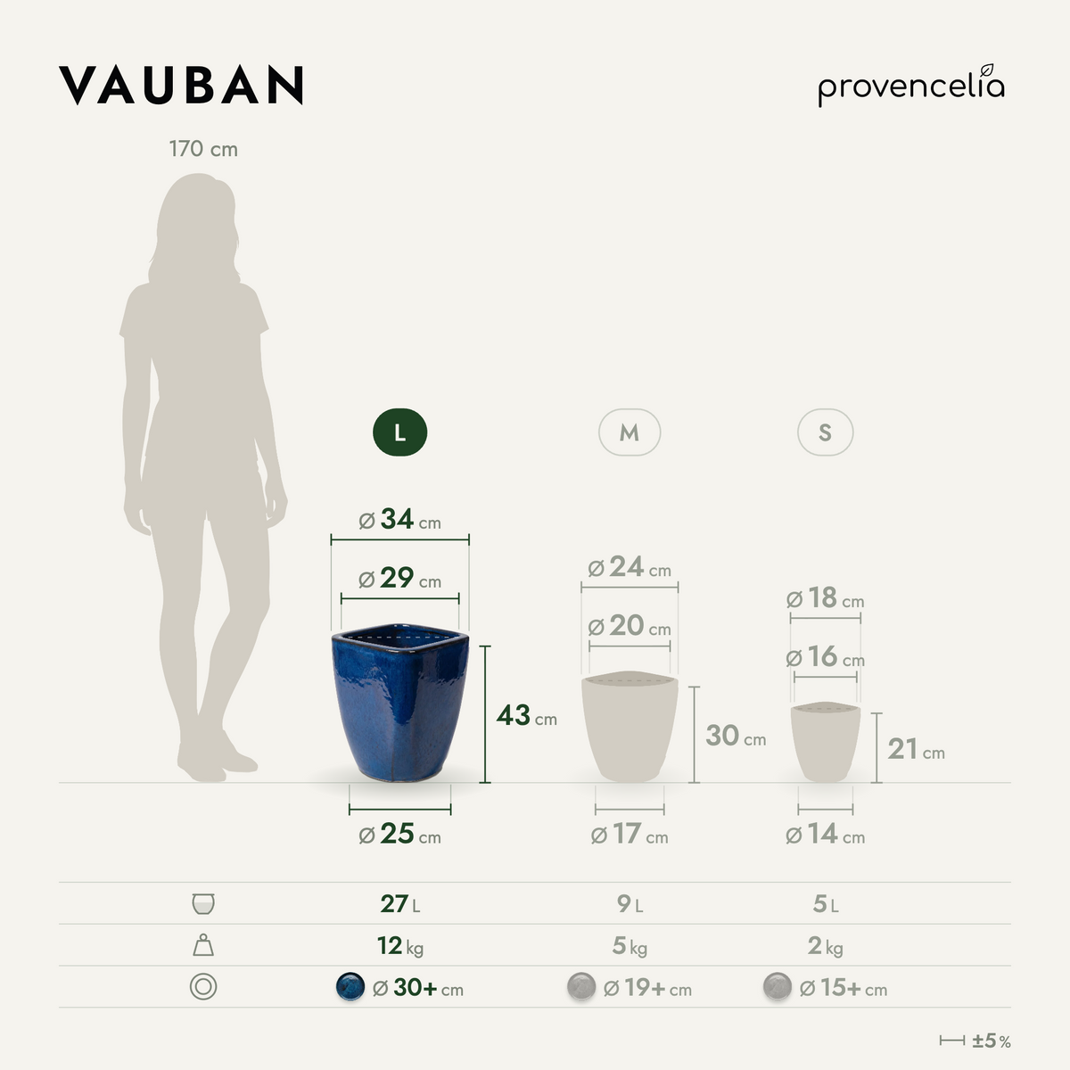 Pot VAUBAN rectangle 34x43 cm bleu azur en terre cuite émaillée, vue de face avec dimensions
