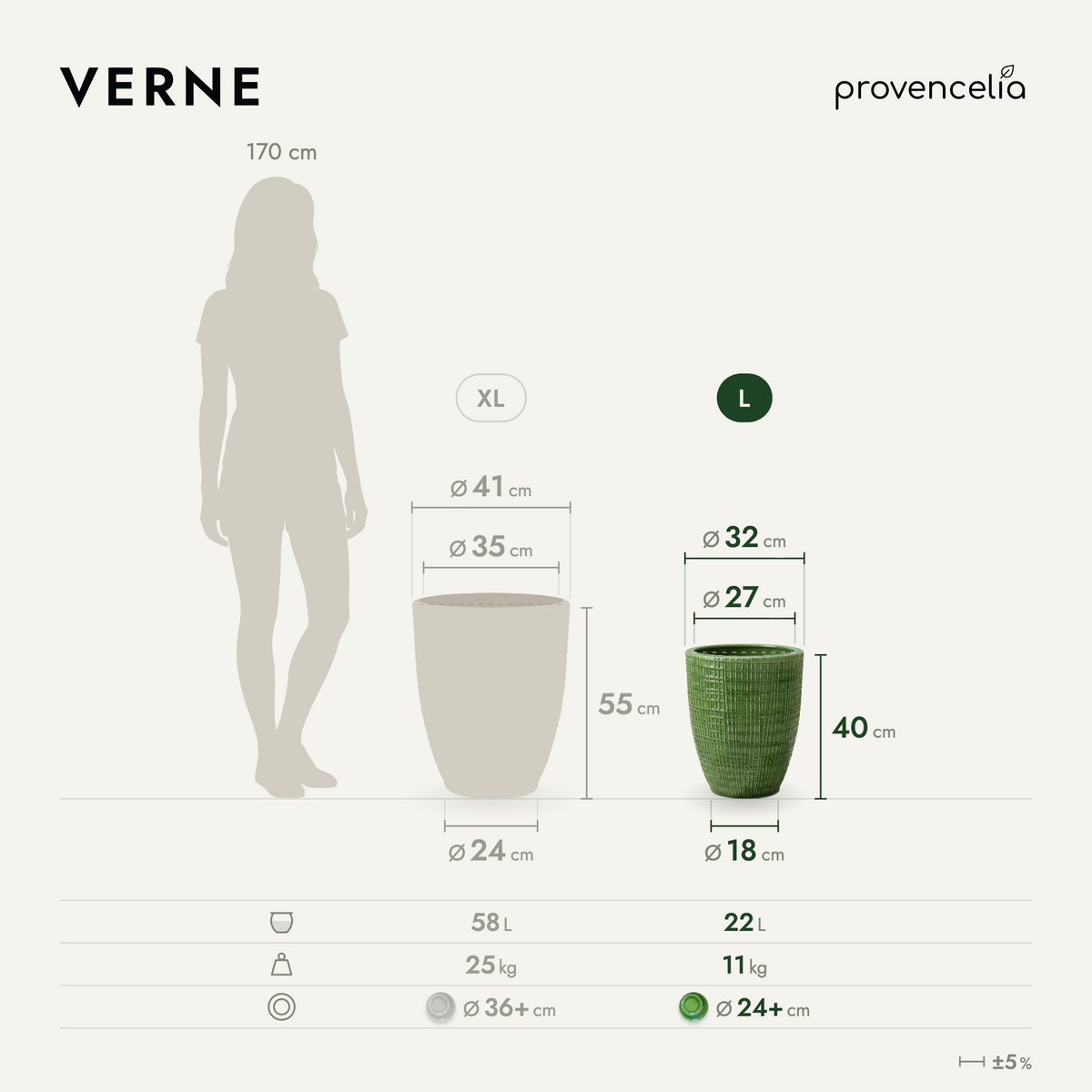 Pot VERNE décoratif 32x40 cm vert pomme en terre cuite émaillée, schéma comparatif des dimensions