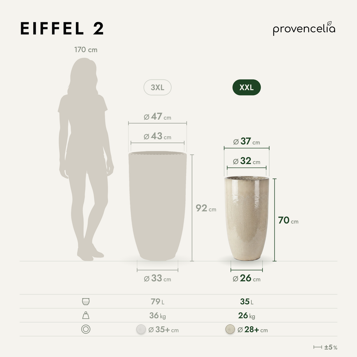 Pot EIFFEL 37x70 cm crème en terre cuite émaillée, schéma des dimensions