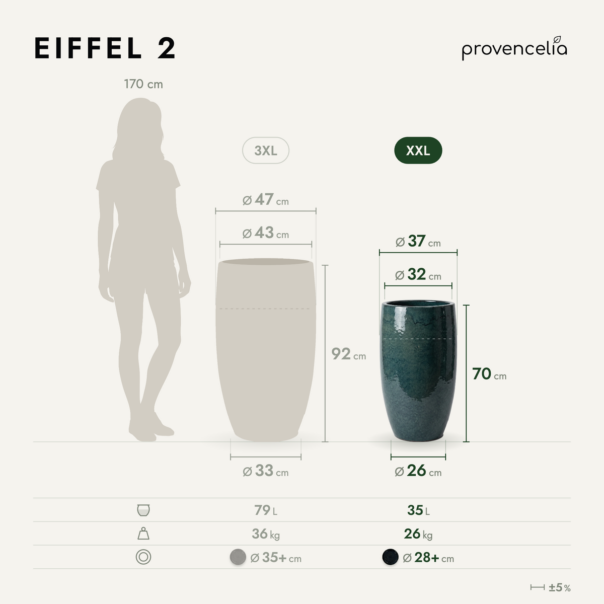 Pot EIFFEL 37x70 cm saphir en terre cuite émaillée, vue comparative avec dimensions