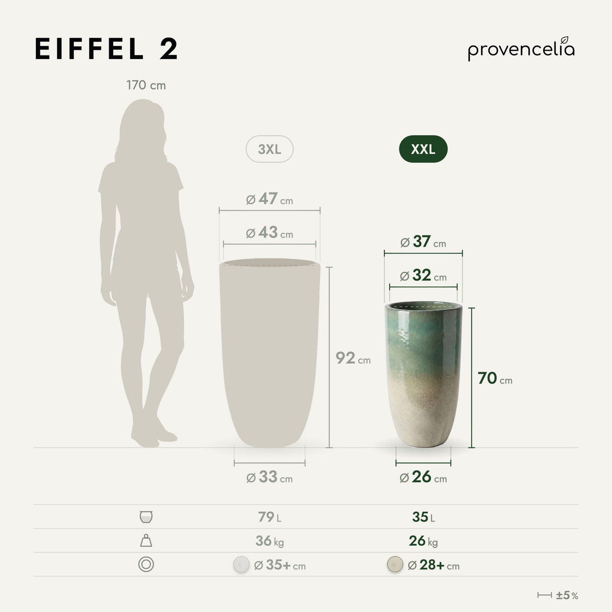 Pot EIFFEL 37x70 cm brume d’été en terre cuite émaillée, schéma des dimensions du pot