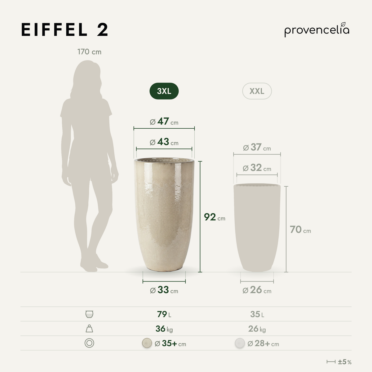 Pot EIFFEL 47x92 cm crème en terre cuite émaillée, vue de face avec dimensions
