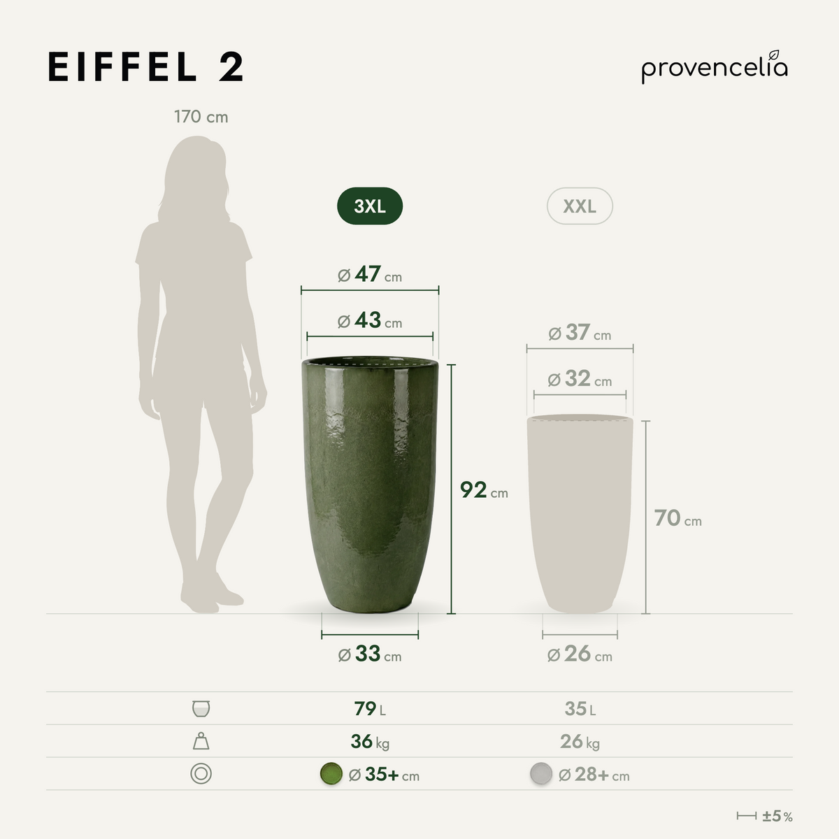 Macetero EIFFEL 47 × 92 cm Verde intenso de cerámica esmaltada, vista frontal con dimensiones