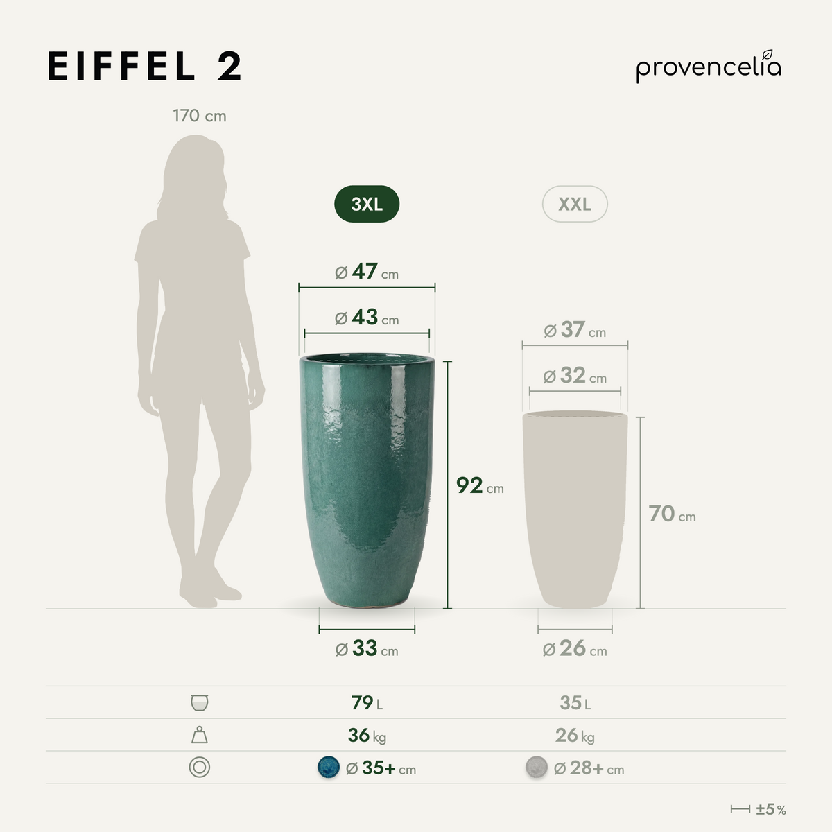 Pot EIFFEL 47x92 cm brume de jade en terre cuite émaillée, schéma des dimensions