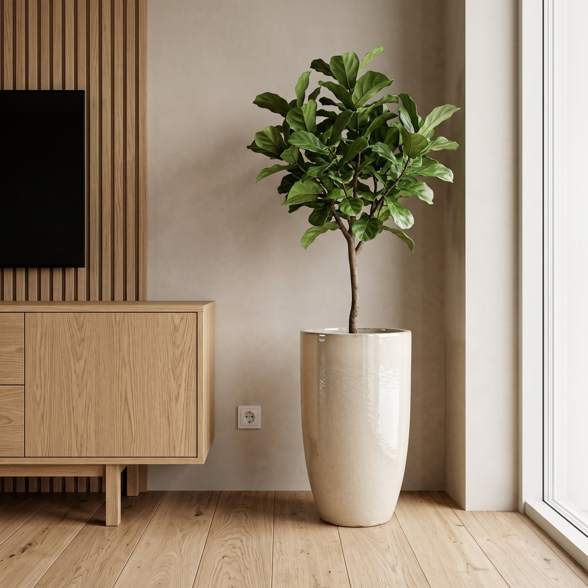 Pot Eiffel 37x70 cm crème en terre cuite émaillée, avec un arbre en intérieur