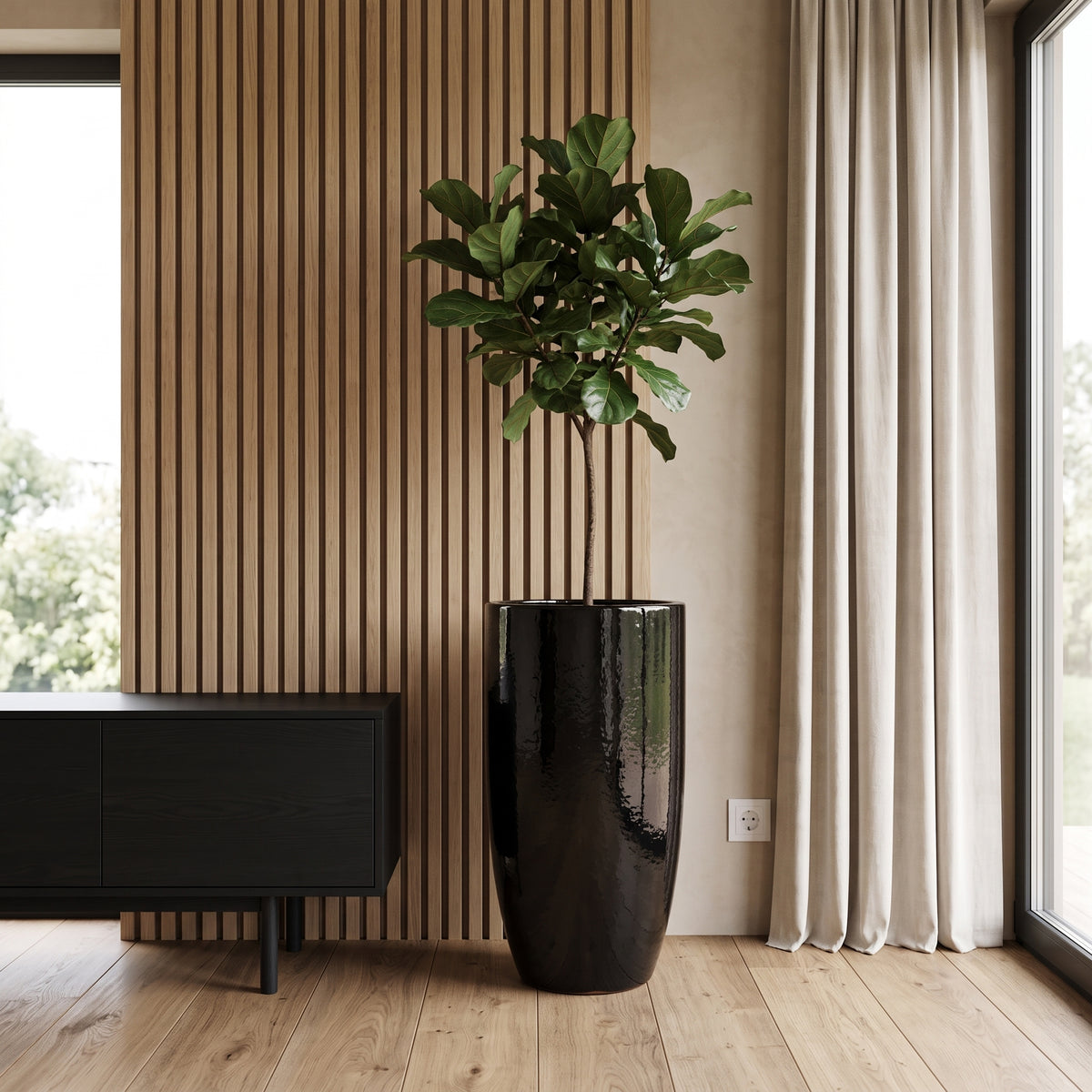 Eiffel planter 47x92 cm Black in glazed ceramic, with tree in an interior