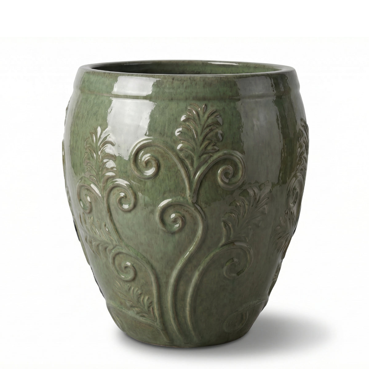 Pot Gaia 52x58 cm perle de jade en terre cuite émaillée, vue de face sur fond blanc