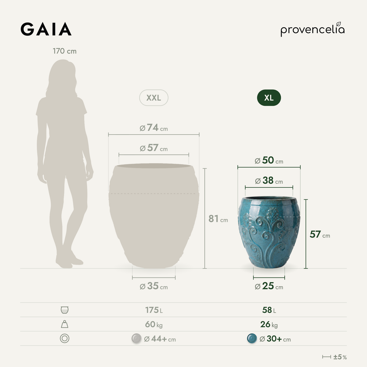 Vaso GAIA decorativo 52x58 cm blu acciaio in ceramica smaltata, vista frontale con dimensioni