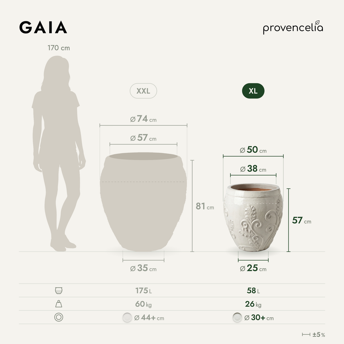 GAIA planter 52 × 58 cm cream glazed ceramic, dimensions diagram