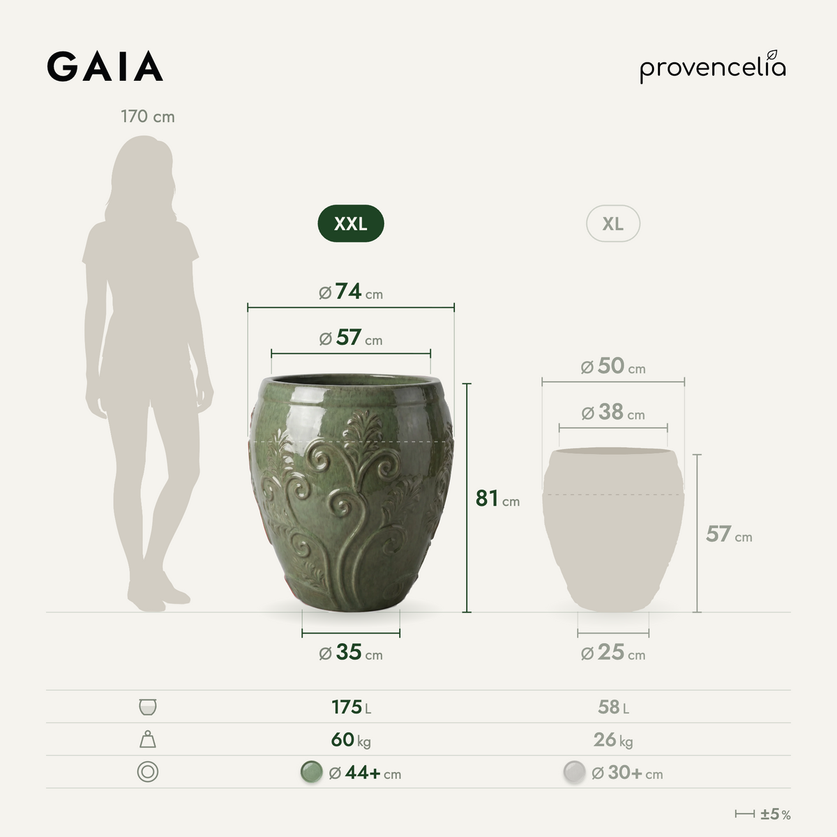 GAIA planter 75 × 78 cm Jade Pearl glazed ceramic, comparative view with dimensions diagram